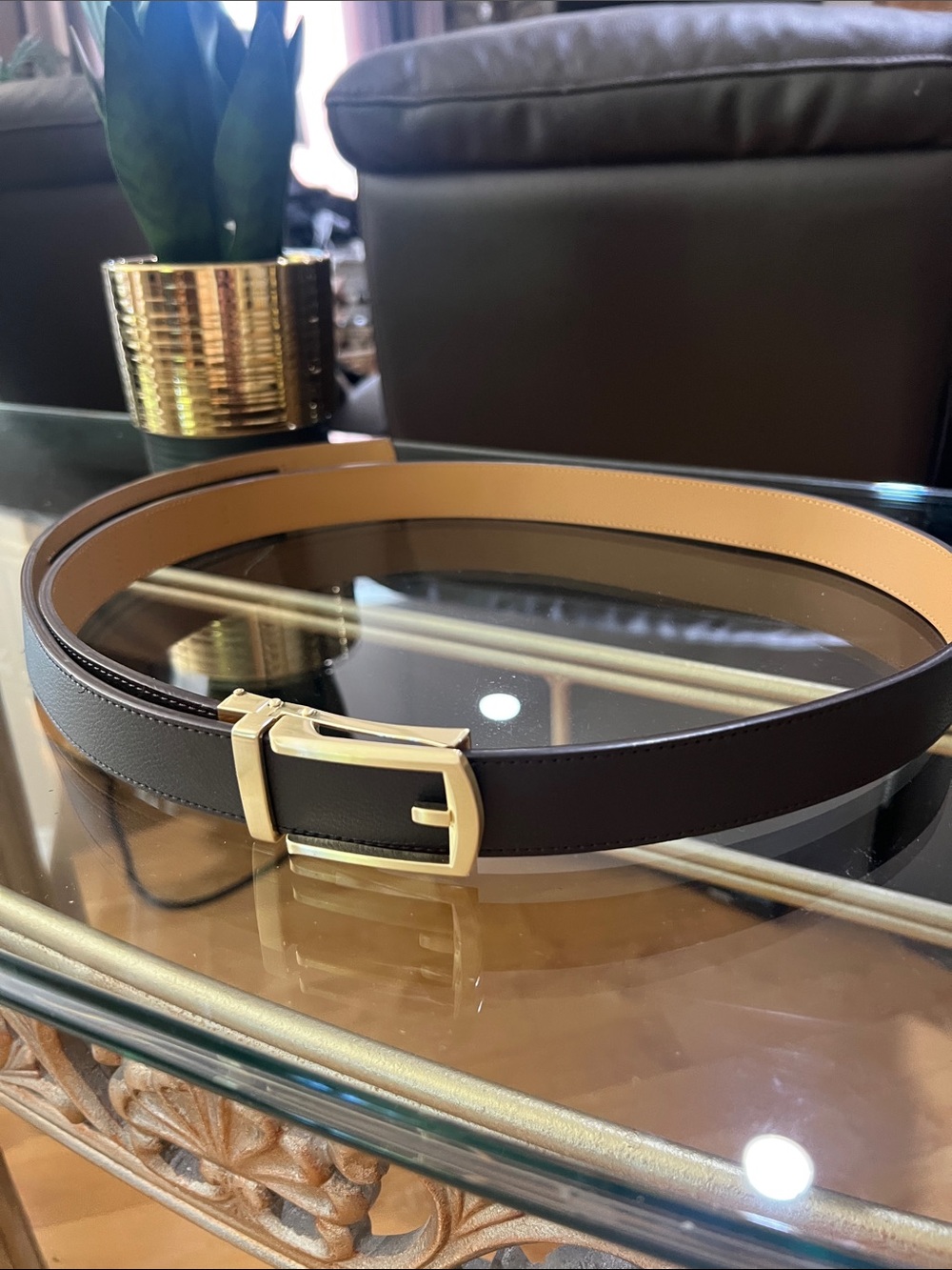 Men's  Brown/Tan Leather Belt with Gold Buckle